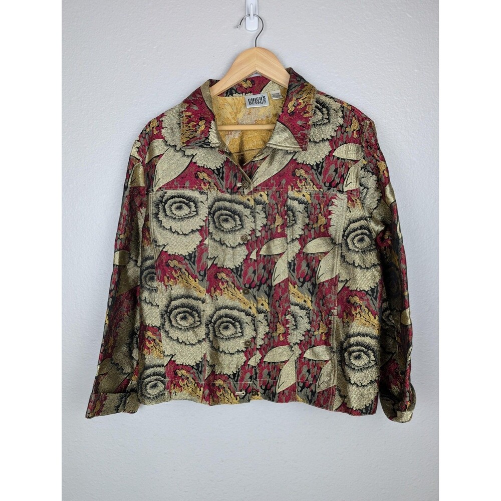 Chico's Design Jacket Large Red Gold Floral Brocade Silk‎ Blend